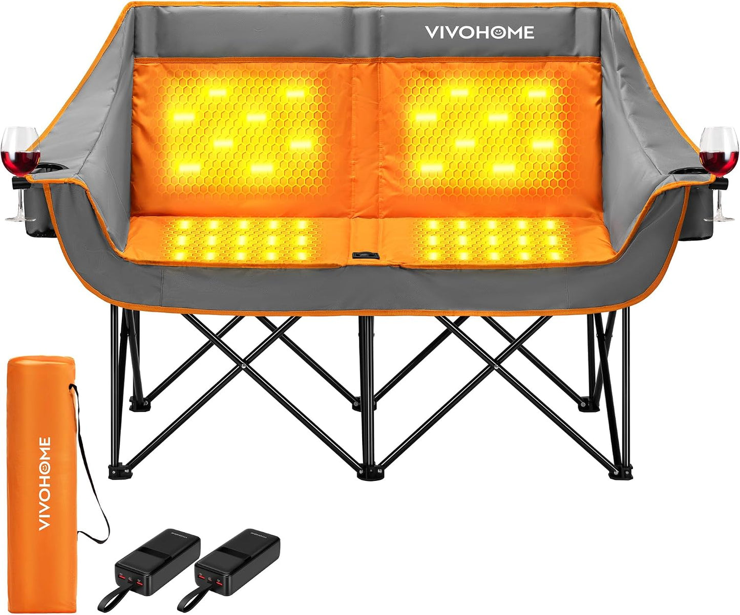 45W Padded Heating Double Camping Chair with 2 X 27000Mah Power Bank, Heated Oversized Portable Loveseat for Outdoor Sports, 3 Levels of Heat, Overheat Protection System, Orange and Gray