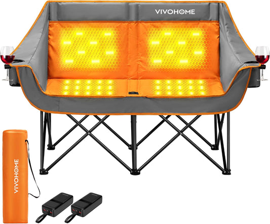45W Padded Heating Double Camping Chair with 2 X 27000Mah Power Bank, Heated Oversized Portable Loveseat for Outdoor Sports, 3 Levels of Heat, Overheat Protection System, Orange and Gray