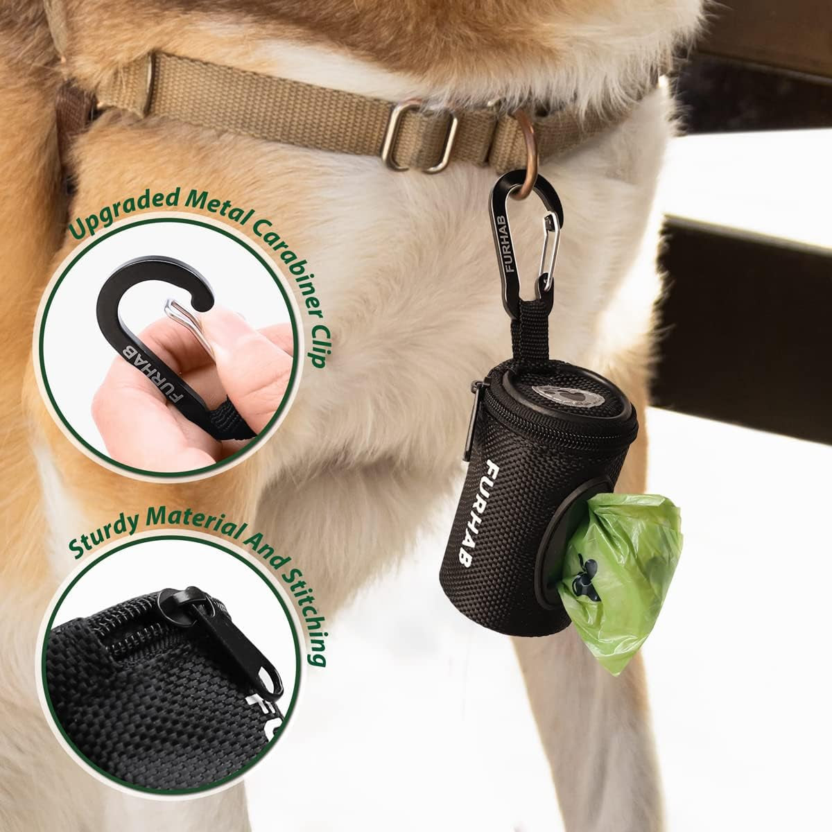 Dog Poop Bag Holder for Leash with Carabiner Clip Soft Fabric | Small Doggie Waste Bag Dispenser Pet Doggy Bag Carrier 1680D Nylon Oxford Puppy Potty Zipper Pouch with 1 Roll, Black
