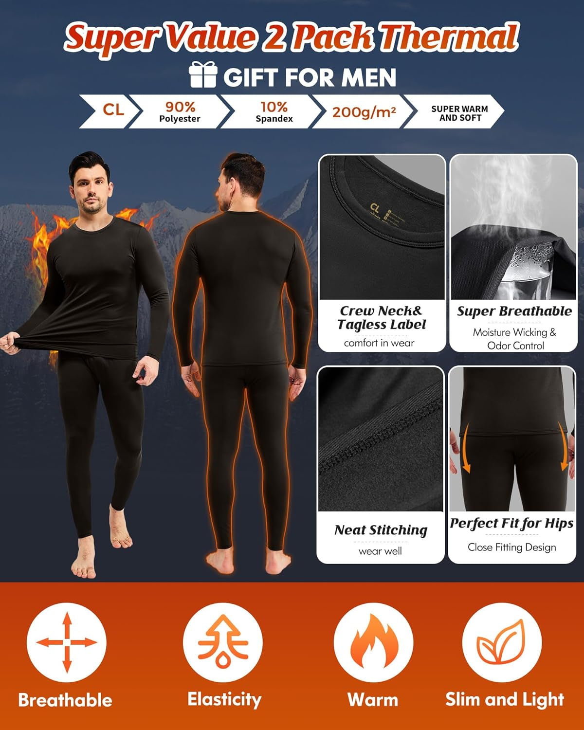 Thermal Underwear for Men Long Johns Base Layer Winter Set | Fleece Lined Bottom and Top, Soft and Warm, Moisture-Wicking. Ideal for Extreme Cold Weather, Hunting, Skiing