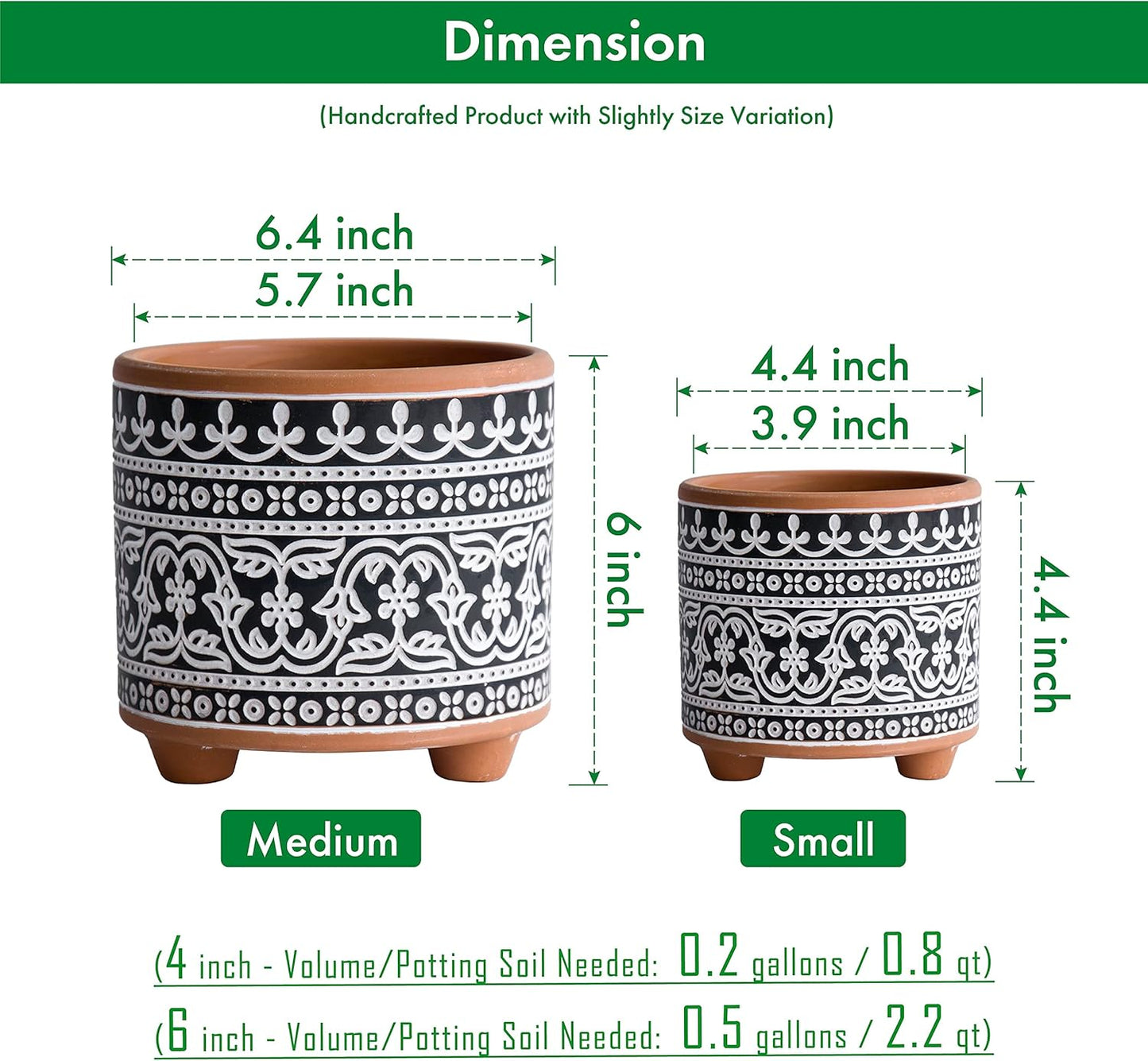 2-Pack Terracotta Pots, 4/6 In, Midnight Lace, 31-953-F-2 | Hand-Painted Details, Three-Legged Design, Natural Clay Texture, Artisan Patterned Finish, Elegant Accent for Indoor Plants
