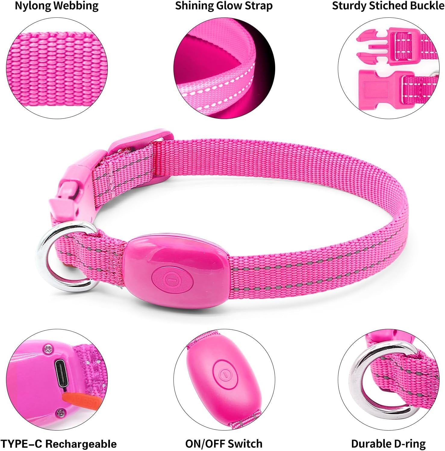 Light up Collar for Small Dogs& Cats, Reflective LED Dog Collar Rechargeable Puppy Safety Lights for Nighttime Walking (Pink)