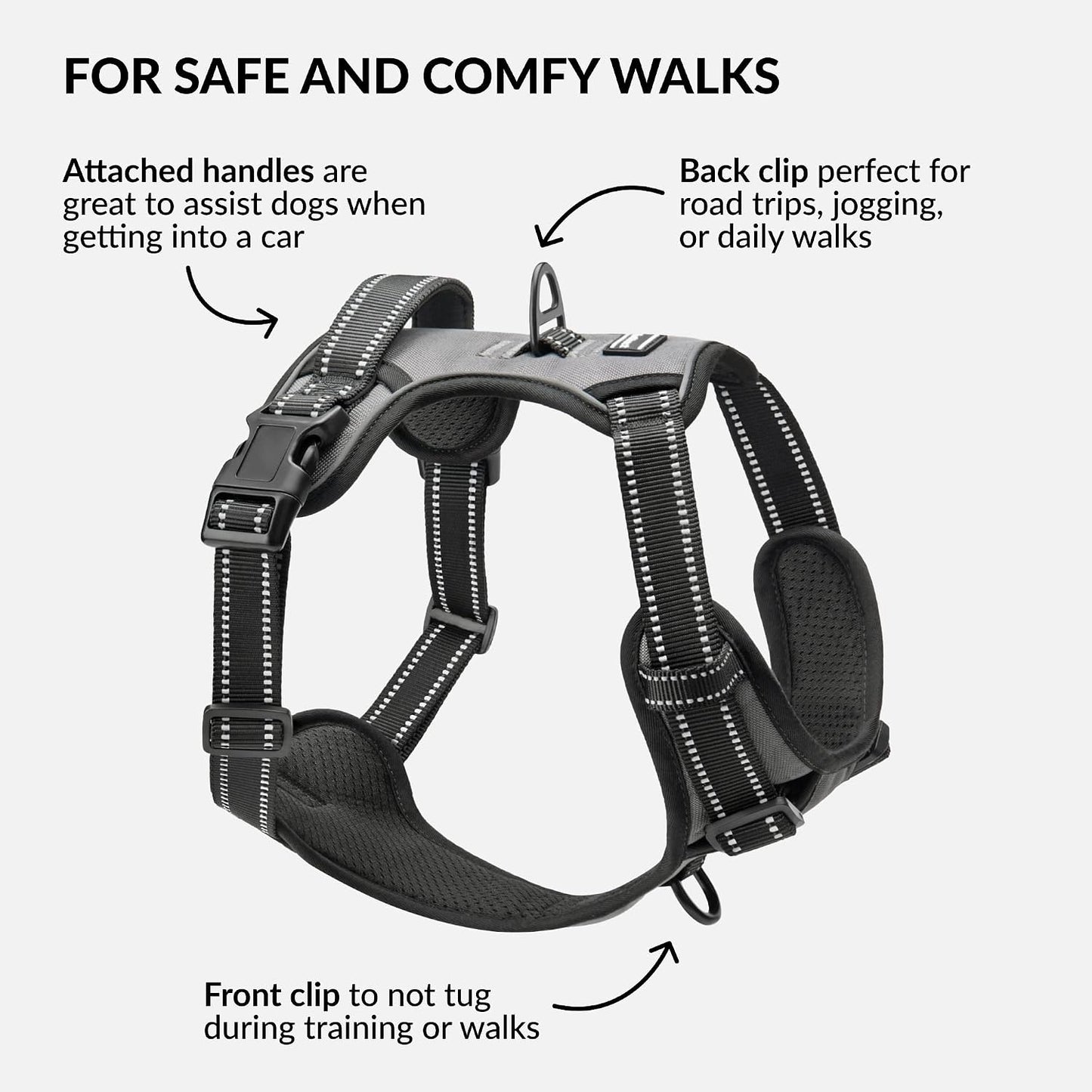 No Pull Reflective Dog Harness with Handle and Front Clip, Adjustible Soft Padded Vest for Small to Large Dogs Training and Walk (Size L, Grey)