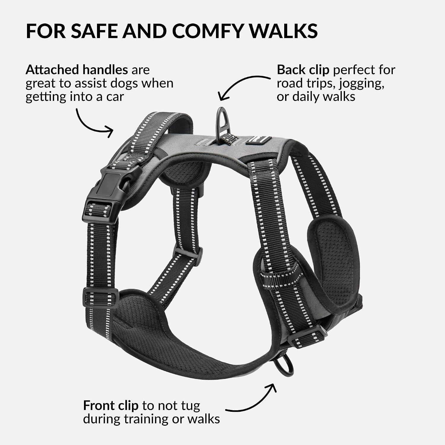 No Pull Reflective Dog Harness with Handle and Front Clip, Adjustible Soft Padded Vest for Small to Large Dogs Training and Walk (Size L, Grey)