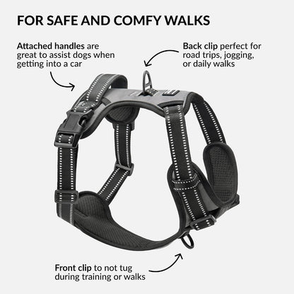 No Pull Reflective Dog Harness with Handle and Front Clip, Adjustible Soft Padded Vest for Small to Large Dogs Training and Walk (Size L, Grey)