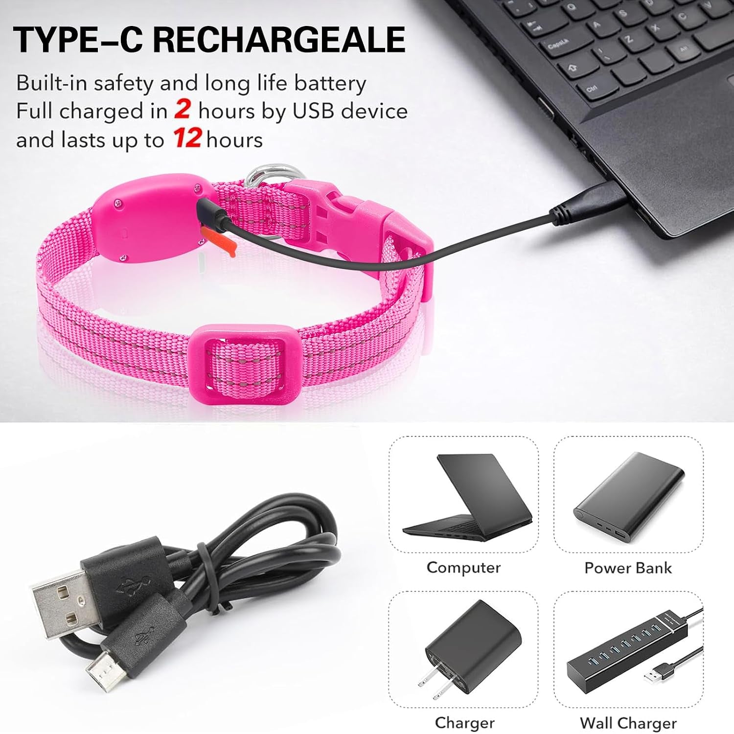 Light up Collar for Small Dogs& Cats, Reflective LED Dog Collar Rechargeable Puppy Safety Lights for Nighttime Walking (Pink)