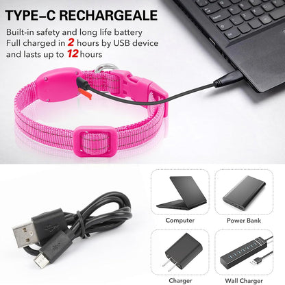 Light up Collar for Small Dogs& Cats, Reflective LED Dog Collar Rechargeable Puppy Safety Lights for Nighttime Walking (Pink)