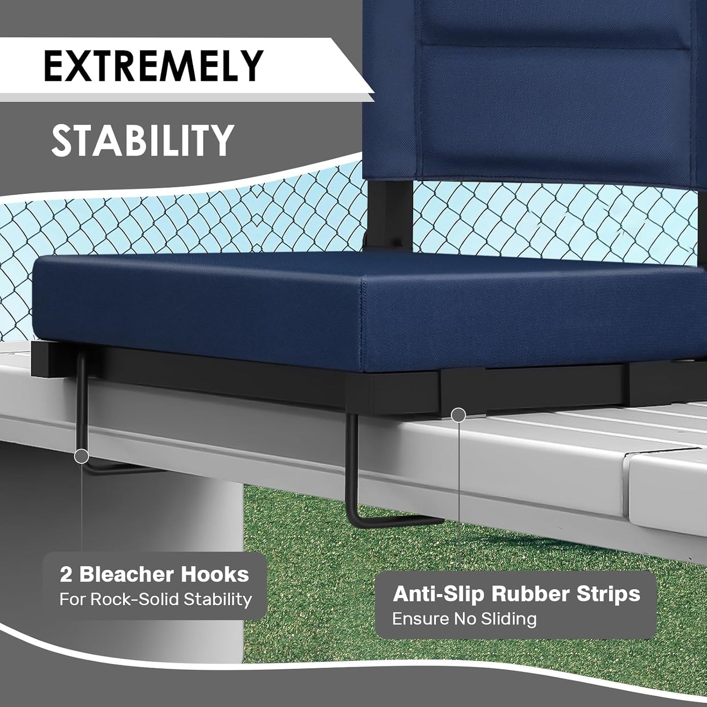 Stadium Seats with Back Support, Portable Folding Bleacher Chair Regular | Bleacher Chairs with Removable Cushion, Large Storage Pocket, Sports Games, School Events, Black