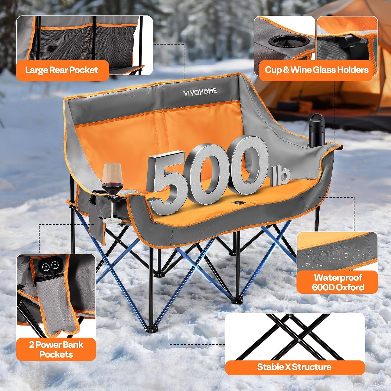 45W Padded Heating Double Camping Chair with 2 X 27000Mah Power Bank, Heated Oversized Portable Loveseat for Outdoor Sports, 3 Levels of Heat, Overheat Protection System, Orange and Gray
