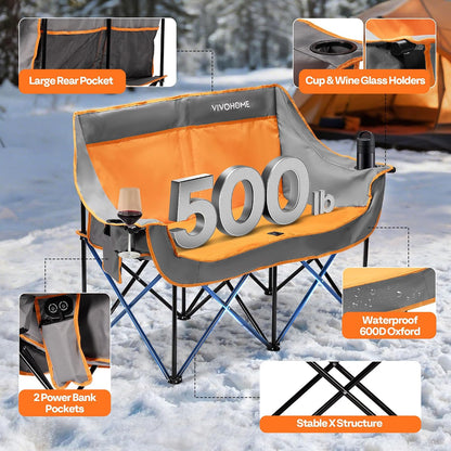 45W Padded Heating Double Camping Chair with 2 X 27000Mah Power Bank, Heated Oversized Portable Loveseat for Outdoor Sports, 3 Levels of Heat, Overheat Protection System, Orange and Gray