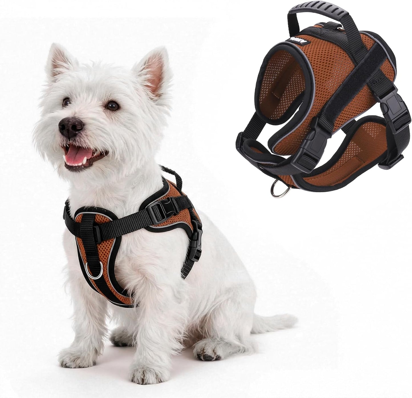 No-Pull Dog Harness Reflective Mesh Vest Adjustable, Brown M | Top Handle, Breathable Mesh Vest, Fully Adjustable, Reflective Safety, for Small & Medium Dogs, Walking, Running, Camping