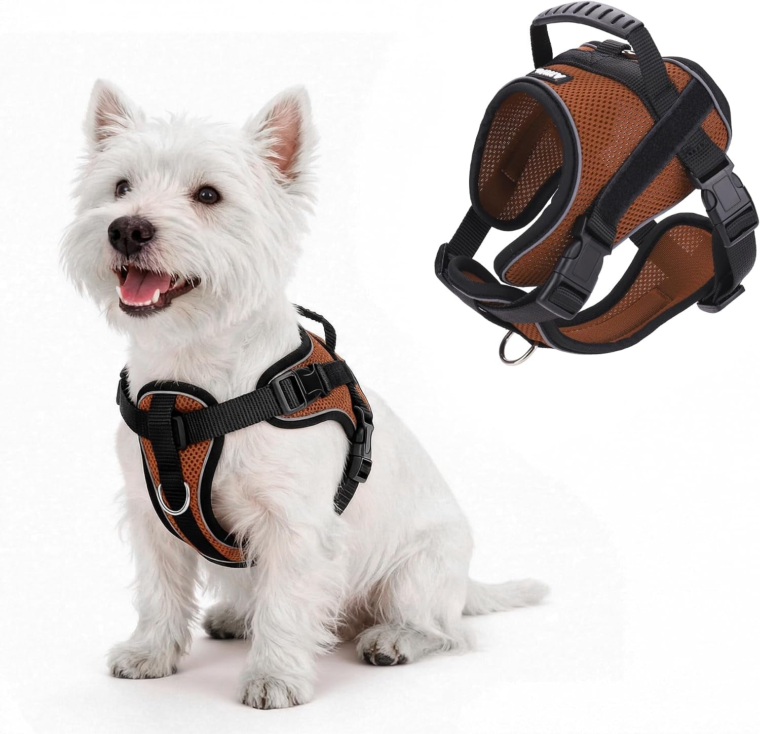 No-Pull Dog Harness Reflective Mesh Vest Adjustable, Brown M | Top Handle, Breathable Mesh Vest, Fully Adjustable, Reflective Safety, for Small & Medium Dogs, Walking, Running, Camping
