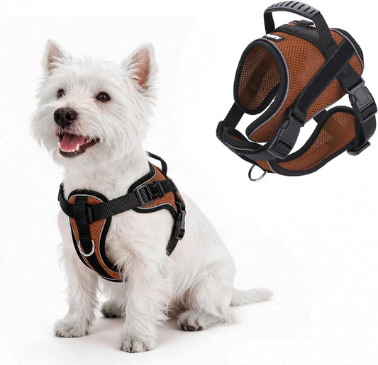 No-Pull Dog Harness Reflective Mesh Vest Adjustable, Brown M | Top Handle, Breathable Mesh Vest, Fully Adjustable, Reflective Safety, for Small & Medium Dogs, Walking, Running, Camping