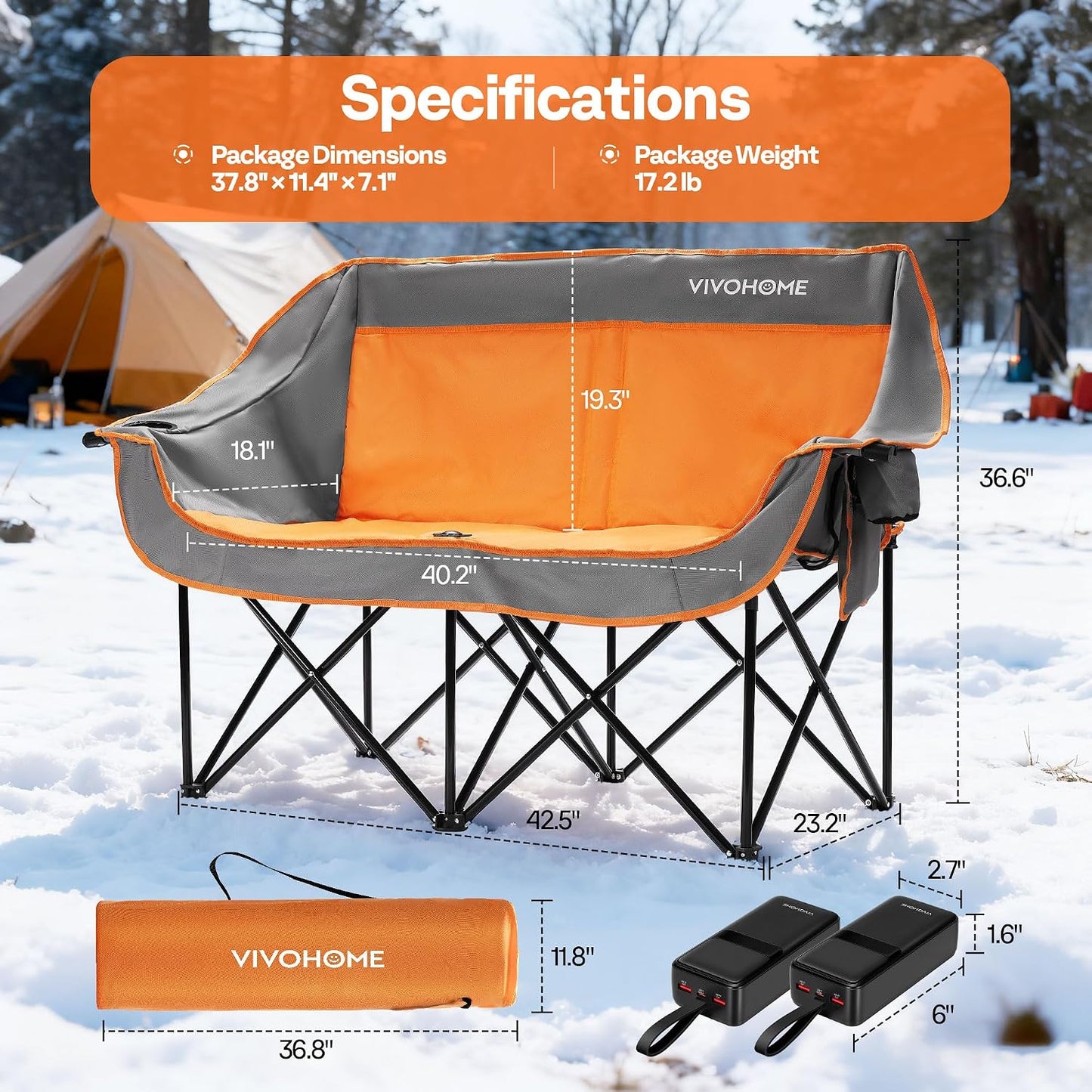 45W Padded Heating Double Camping Chair with 2 X 27000Mah Power Bank, Heated Oversized Portable Loveseat for Outdoor Sports, 3 Levels of Heat, Overheat Protection System, Orange and Gray