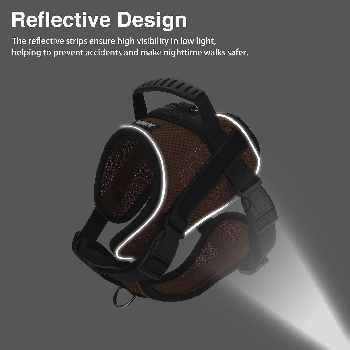 No-Pull Dog Harness Reflective Mesh Vest Adjustable, Brown M | Top Handle, Breathable Mesh Vest, Fully Adjustable, Reflective Safety, for Small & Medium Dogs, Walking, Running, Camping