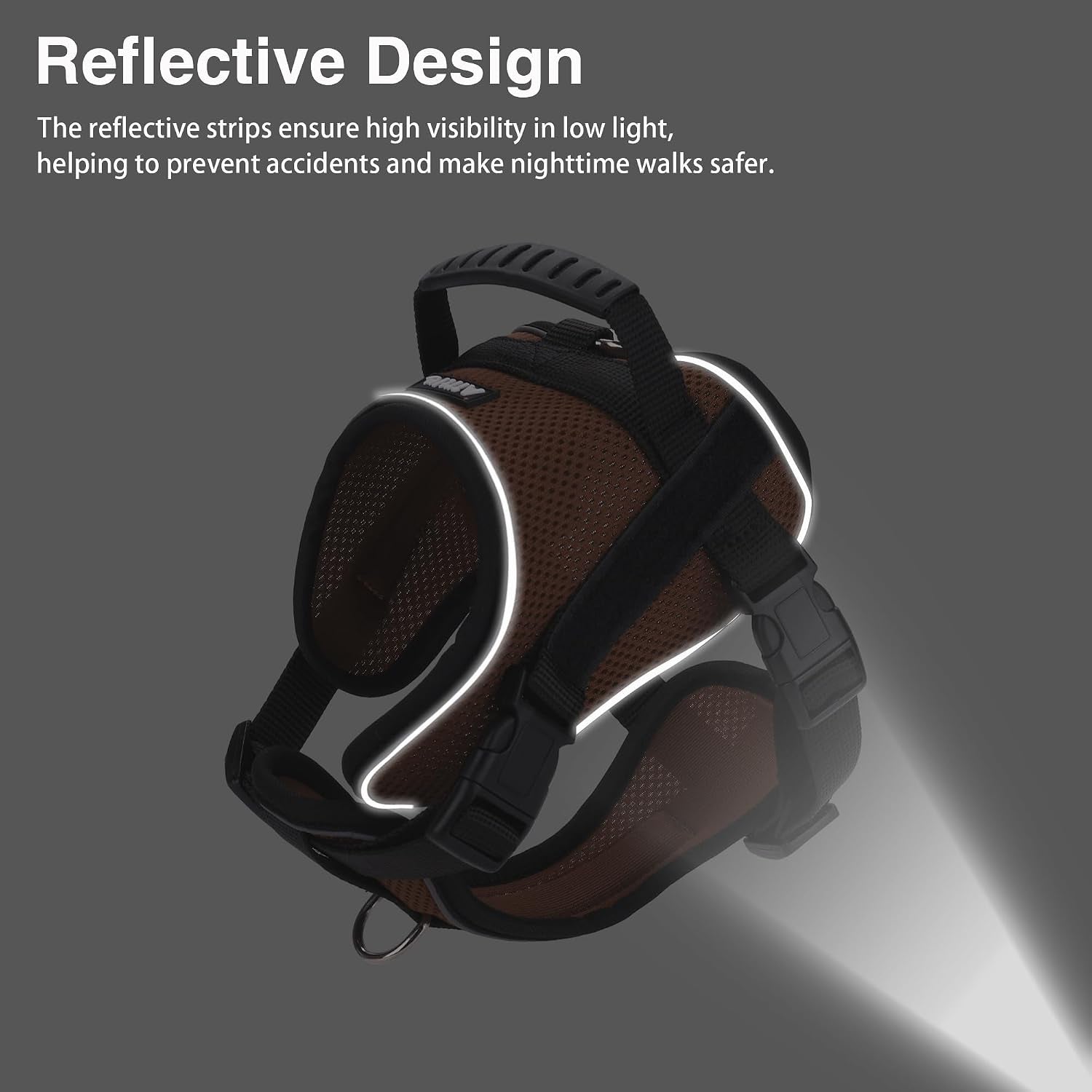 No-Pull Dog Harness Reflective Mesh Vest Adjustable, Brown M | Top Handle, Breathable Mesh Vest, Fully Adjustable, Reflective Safety, for Small & Medium Dogs, Walking, Running, Camping