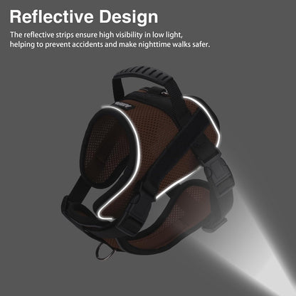 No-Pull Dog Harness Reflective Mesh Vest Adjustable, Brown M | Top Handle, Breathable Mesh Vest, Fully Adjustable, Reflective Safety, for Small & Medium Dogs, Walking, Running, Camping