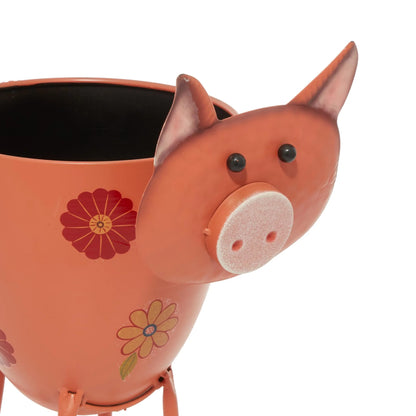 8" X 16" Pink Metal Pig Planter with Floral Accents