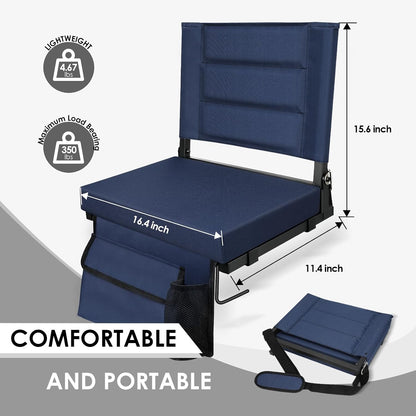 Stadium Seats with Back Support, Portable Folding Bleacher Chair Regular | Bleacher Chairs with Removable Cushion, Large Storage Pocket, Sports Games, School Events, Black
