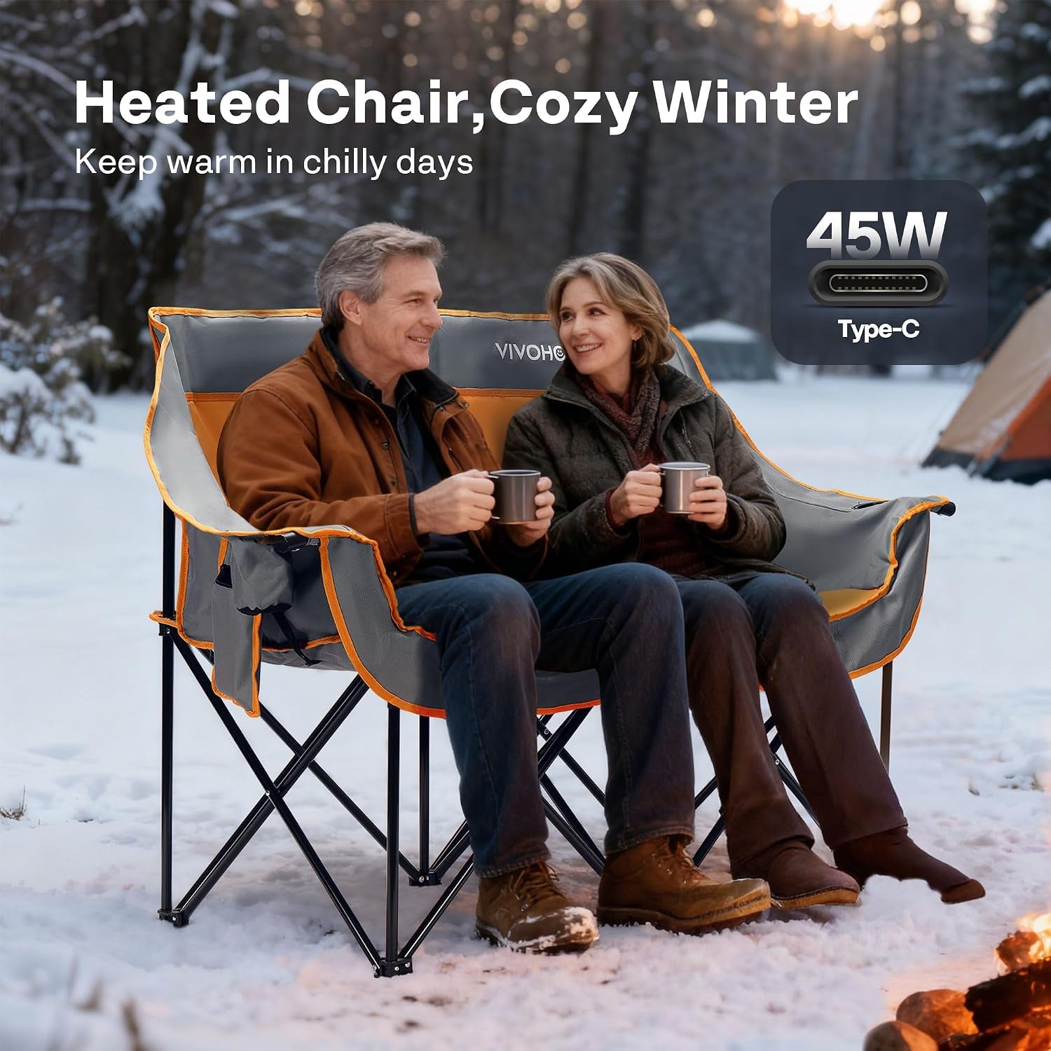 45W Padded Heating Double Camping Chair with 2 X 27000Mah Power Bank, Heated Oversized Portable Loveseat for Outdoor Sports, 3 Levels of Heat, Overheat Protection System, Orange and Gray