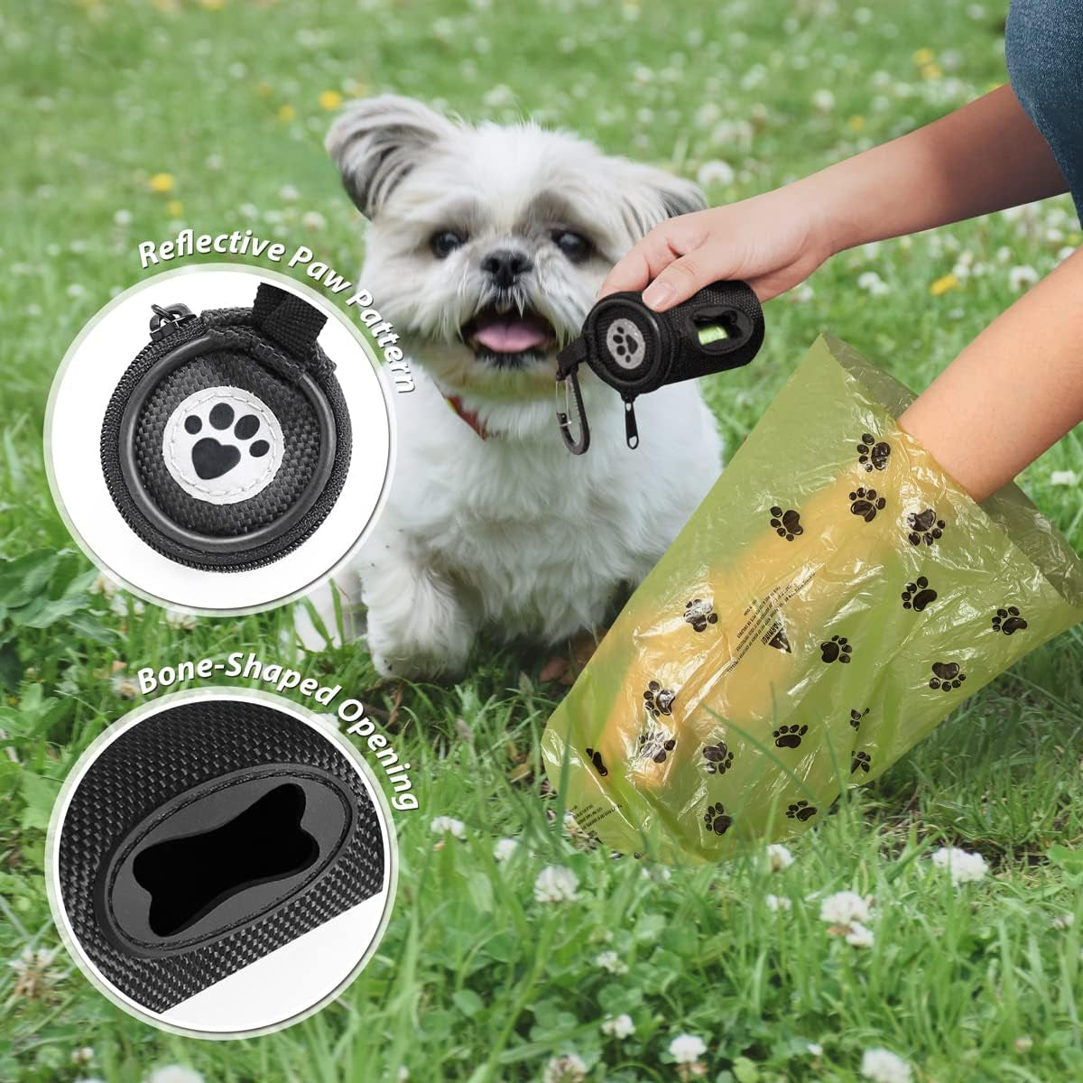 Dog Poop Bag Holder for Leash with Carabiner Clip Soft Fabric | Small Doggie Waste Bag Dispenser Pet Doggy Bag Carrier 1680D Nylon Oxford Puppy Potty Zipper Pouch with 1 Roll, Black