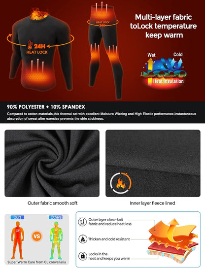 Thermal Underwear for Men Long Johns Base Layer Winter Set | Fleece Lined Bottom and Top, Soft and Warm, Moisture-Wicking. Ideal for Extreme Cold Weather, Hunting, Skiing