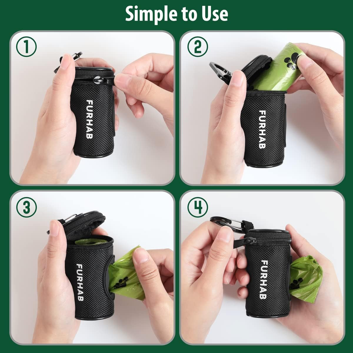 Dog Poop Bag Holder for Leash with Carabiner Clip Soft Fabric | Small Doggie Waste Bag Dispenser Pet Doggy Bag Carrier 1680D Nylon Oxford Puppy Potty Zipper Pouch with 1 Roll, Black