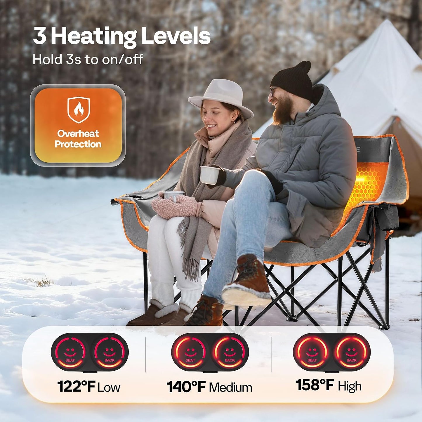 45W Padded Heating Double Camping Chair with 2 X 27000Mah Power Bank, Heated Oversized Portable Loveseat for Outdoor Sports, 3 Levels of Heat, Overheat Protection System, Orange and Gray