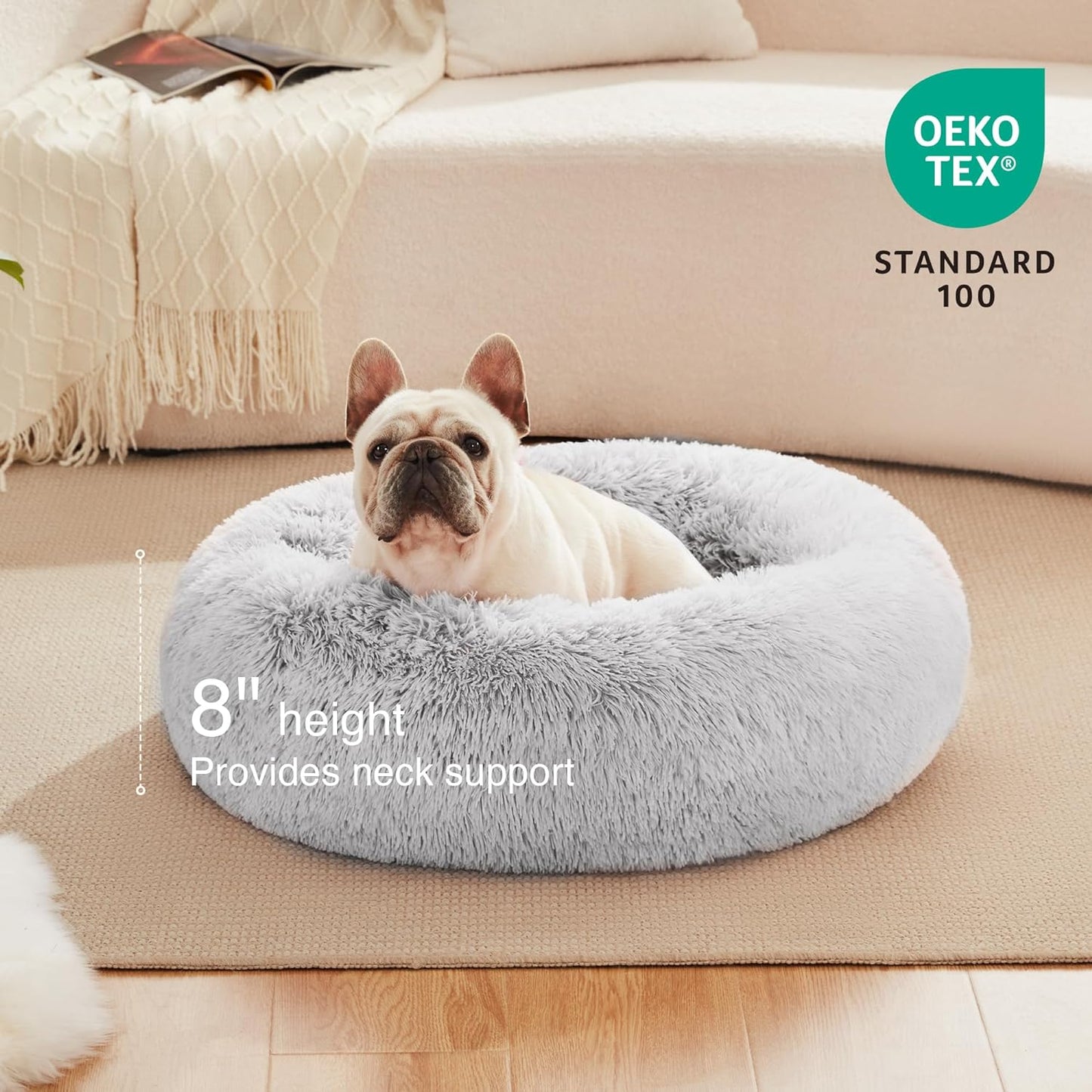 Calming Cat Bed for Indoor Cats, Anti-Anxiety Donut round Dog Bed,Fluffy Faux Fur Washable Pet Bed for Small Medium Dogs and Cats, Grey, 24In