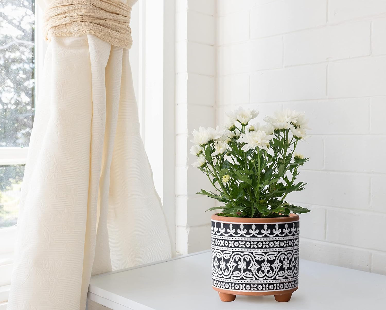 2-Pack Terracotta Pots, 4/6 In, Midnight Lace, 31-953-F-2 | Hand-Painted Details, Three-Legged Design, Natural Clay Texture, Artisan Patterned Finish, Elegant Accent for Indoor Plants