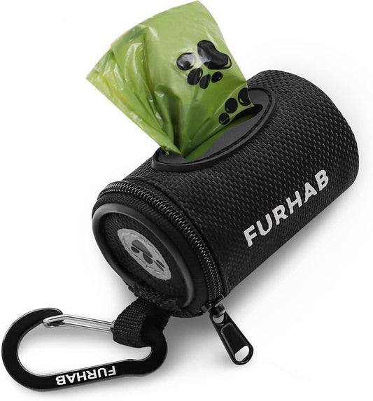 Dog Poop Bag Holder for Leash with Carabiner Clip Soft Fabric | Small Doggie Waste Bag Dispenser Pet Doggy Bag Carrier 1680D Nylon Oxford Puppy Potty Zipper Pouch with 1 Roll, Black