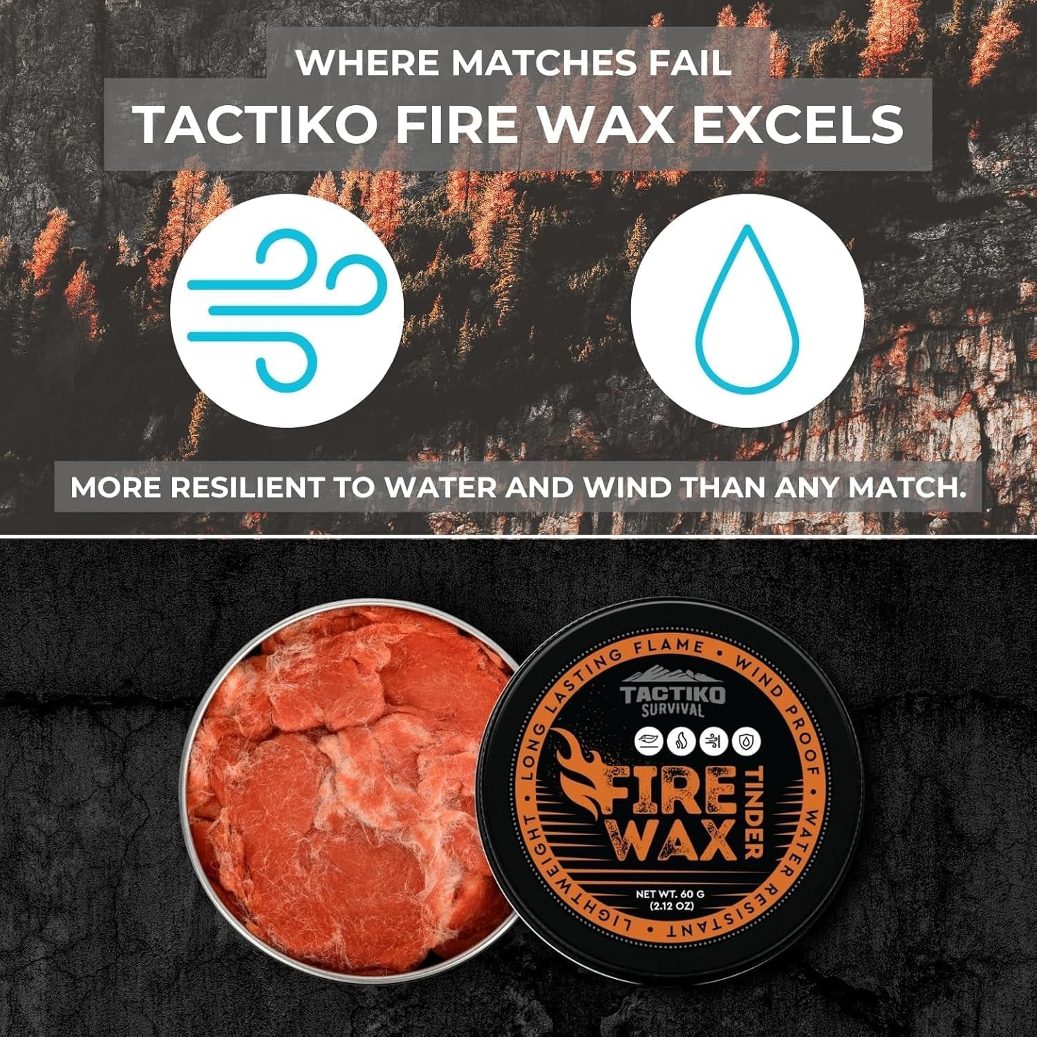 Tactiko Waterproof Tinder Fire Wax for Wet Wood & Emergency Kits - 60G