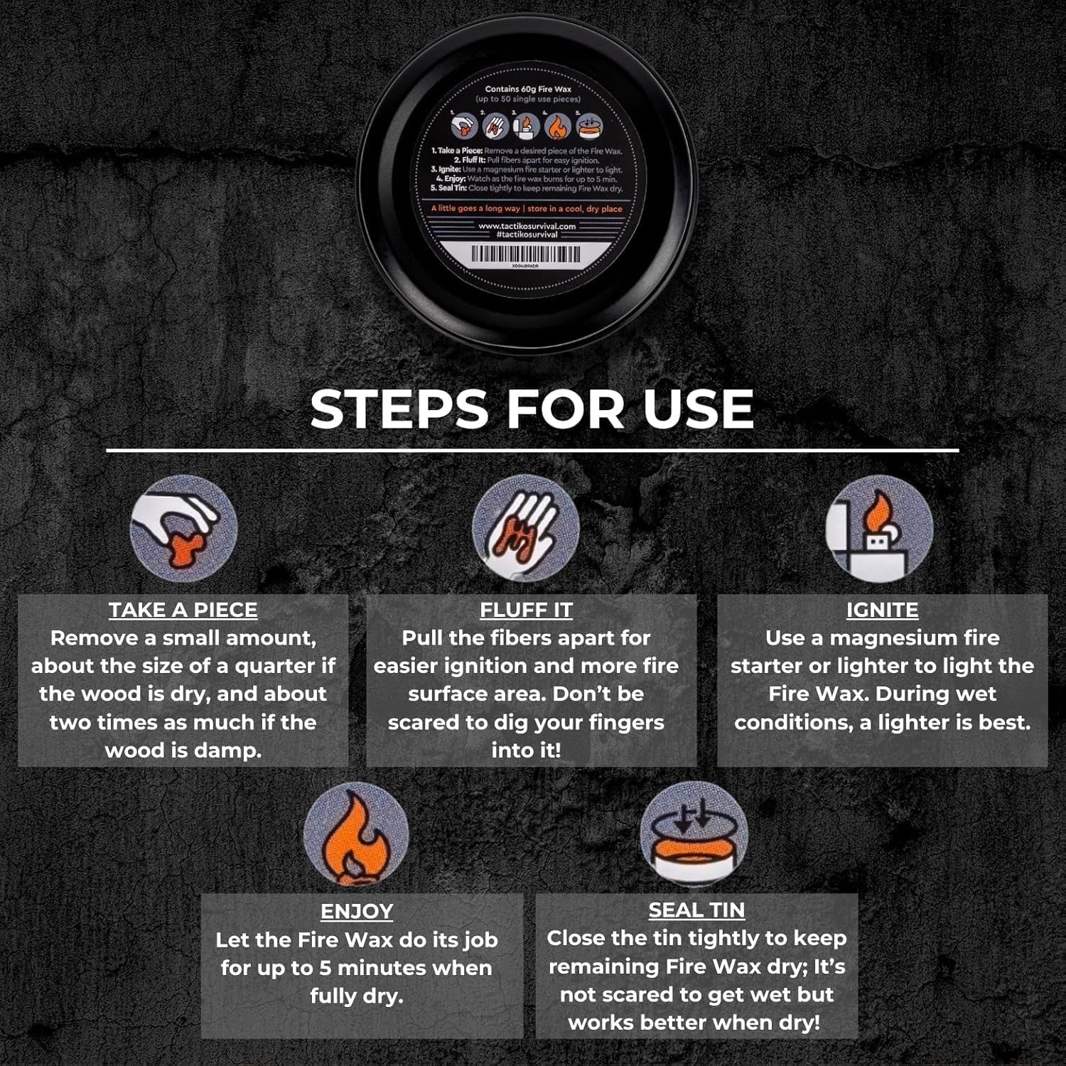 Tactiko Waterproof Tinder Fire Wax for Wet Wood & Emergency Kits - 60G