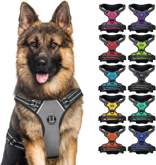 No Pull Reflective Dog Harness with Handle and Front Clip, Adjustible Soft Padded Vest for Small to Large Dogs Training and Walk (Size L, Grey)