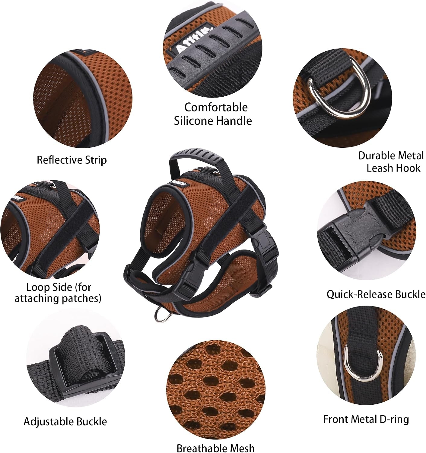 No-Pull Dog Harness Reflective Mesh Vest Adjustable, Brown M | Top Handle, Breathable Mesh Vest, Fully Adjustable, Reflective Safety, for Small & Medium Dogs, Walking, Running, Camping